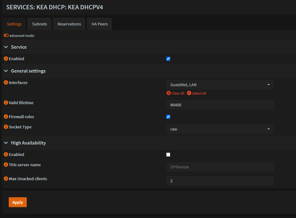 Kea DHCPv4 Interfaces Einstellungen