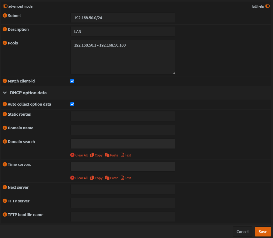Kea DHCPv4 Subnetzeinstellungen